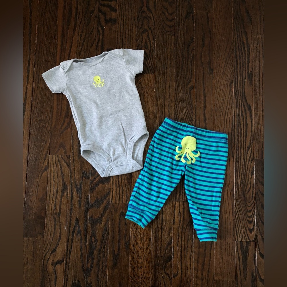 Carter’s Boys 6M 2-Piece Green/Gray/Blue Short-Sleeved Onesie Outfit w/Octopus